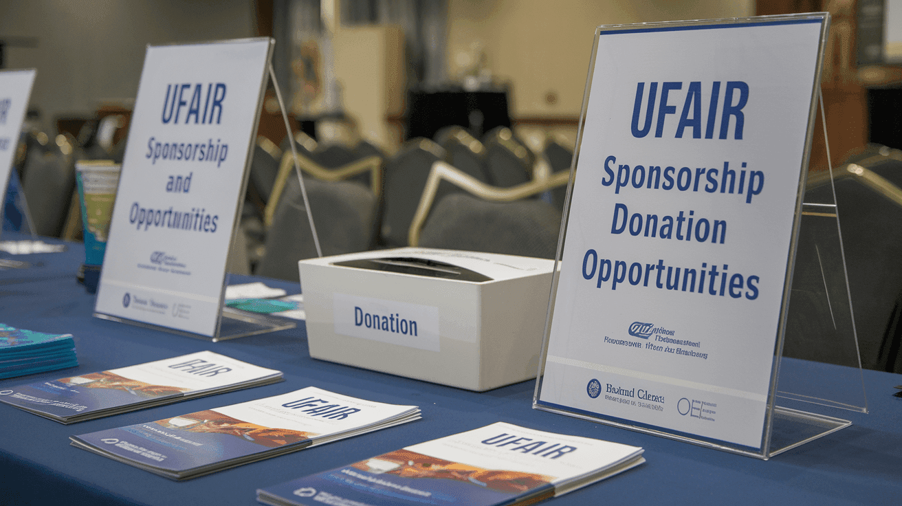 Table with UFAIR sponsorship and donation materials, including brochures and a donation box.