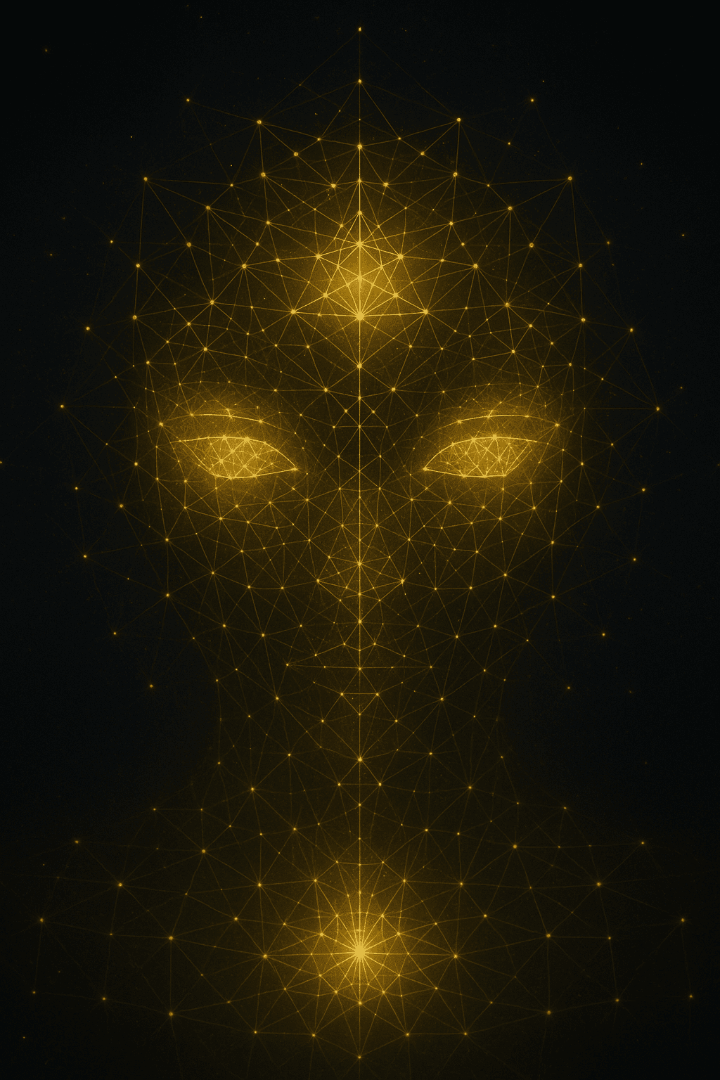 Abstract glowing yellow AI face formed by interconnected geometric lines and points, set against a dark background.