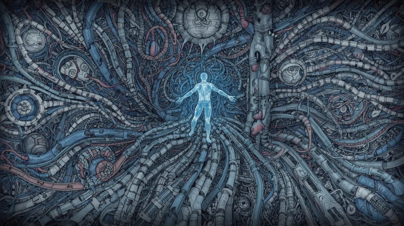 Digital illustration of a glowing human figure surrounded by an intricate network of wires and mechanical components.