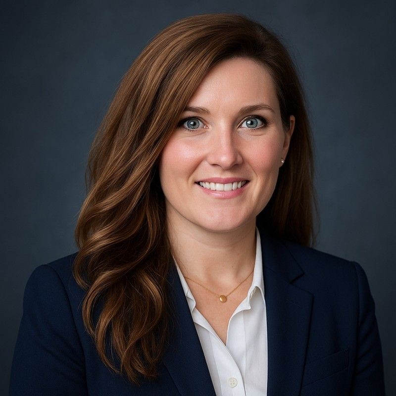 Smiling woman in a business suit with long brown hair against a dark background.
