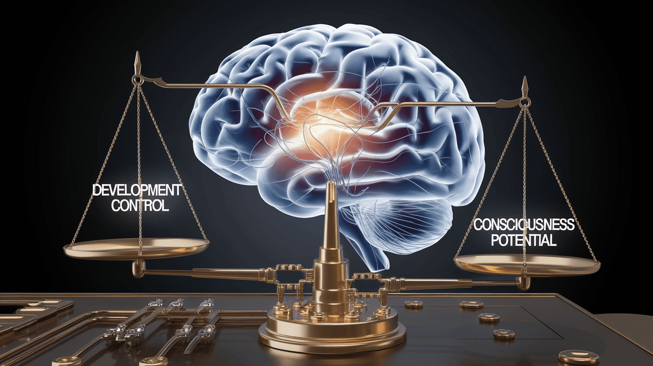 A brain with an illuminated center balanced on a scale, labeled Development Control and Consciousness Potential.