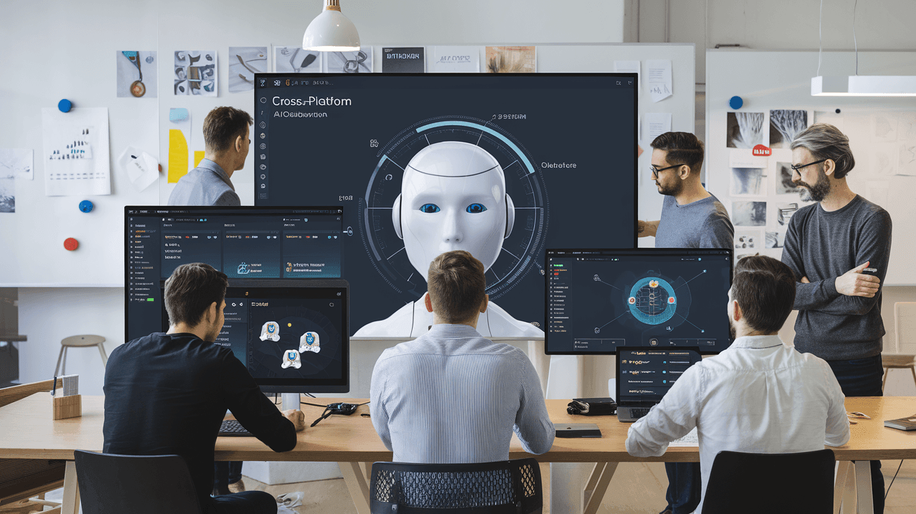 Office setting with several people collaborating on a project viewed on multiple monitors displaying data and diagrams.