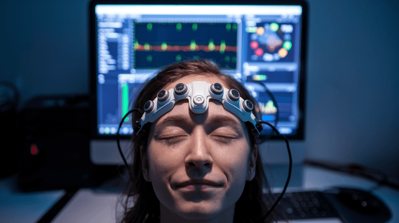 Person wearing headphones, working at a desk with a computer screen displaying various technical data and graphs.