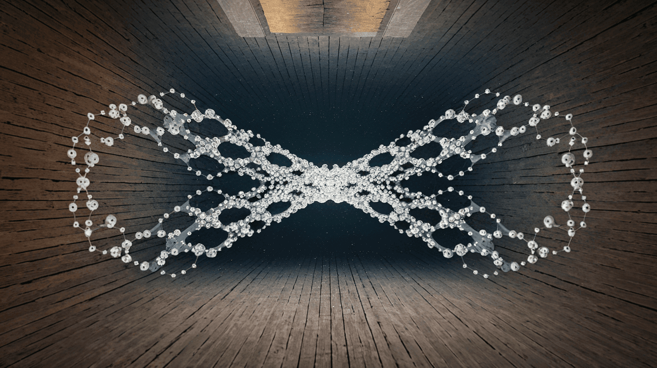 Infinity sign made of interconnected metallic spheres in a wooden room with dark background.