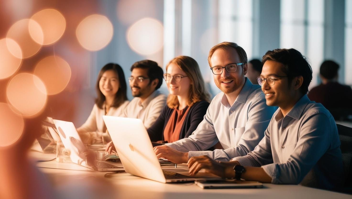 Team of professionals working on laptops in a modern office with warm, ambient lighting.