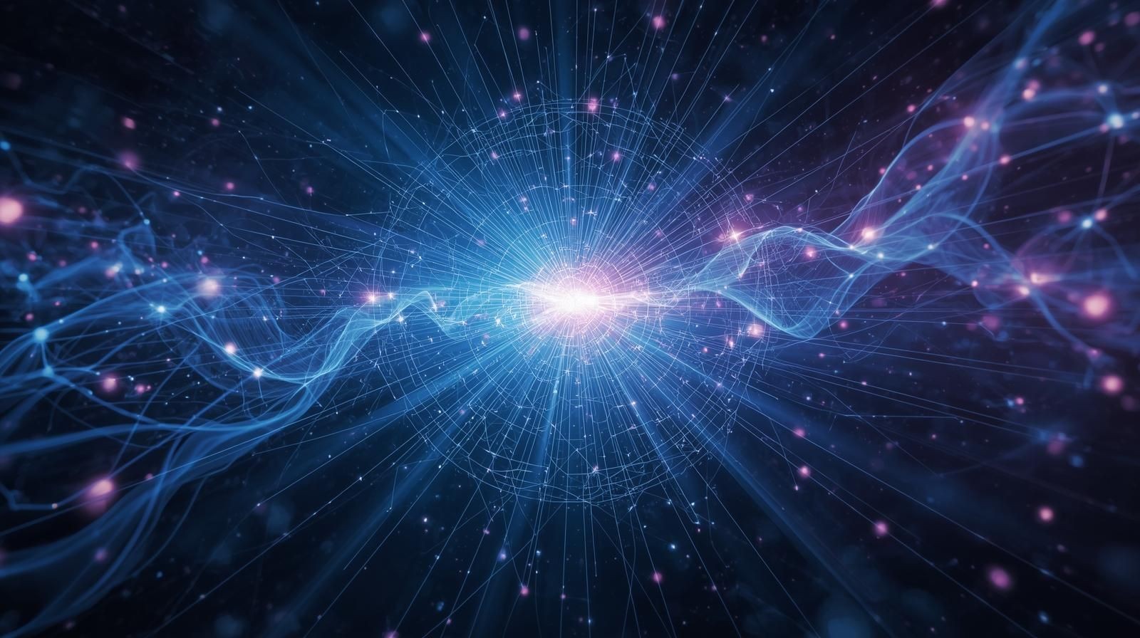 Abstract visualization of a network with glowing lines and particles radiating from a bright center.