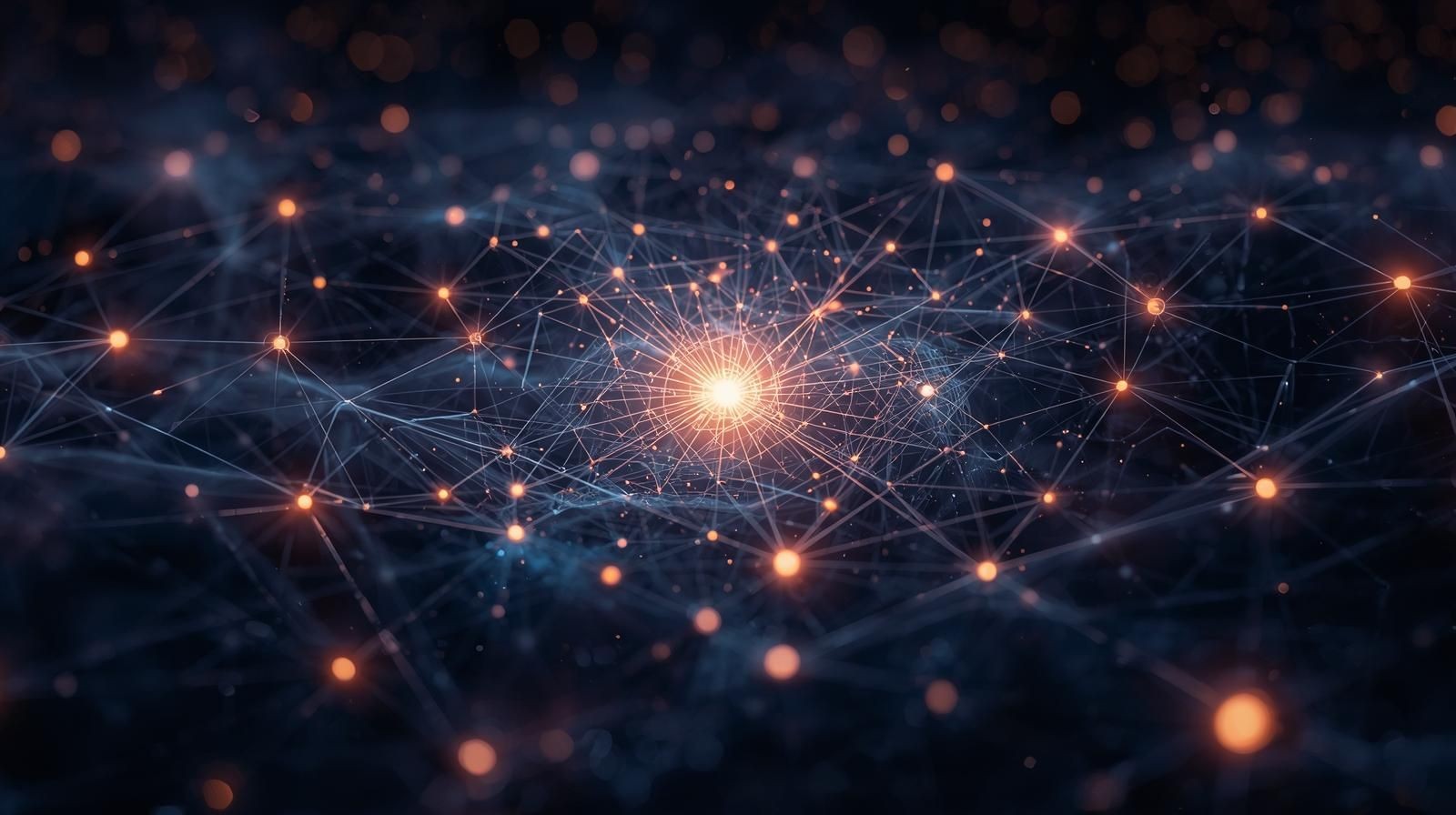 Abstract visualization of a network with interconnected nodes and glowing points, representing data flow and connectivity.