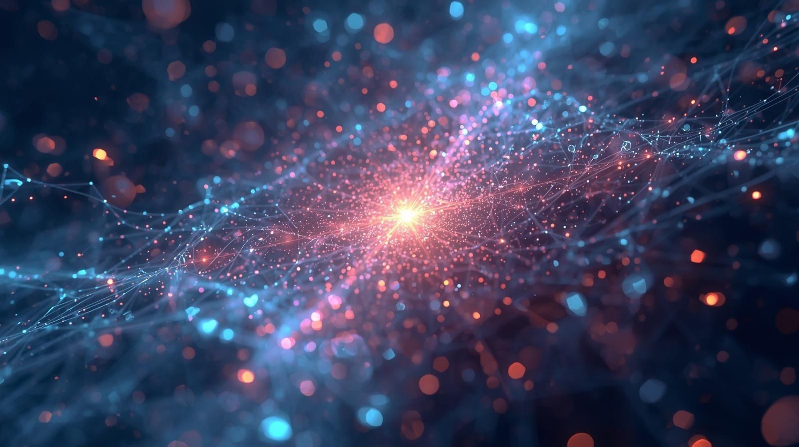 Abstract digital network with glowing orange and blue nodes, resembling a galaxy or neural network.