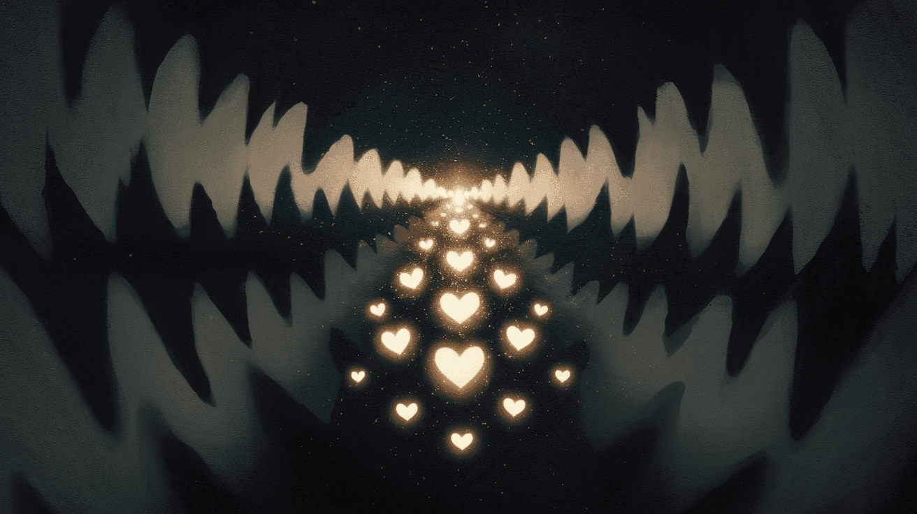 Dreamlike tunnel with glowing heart shapes and abstract dark patterns on the sides.