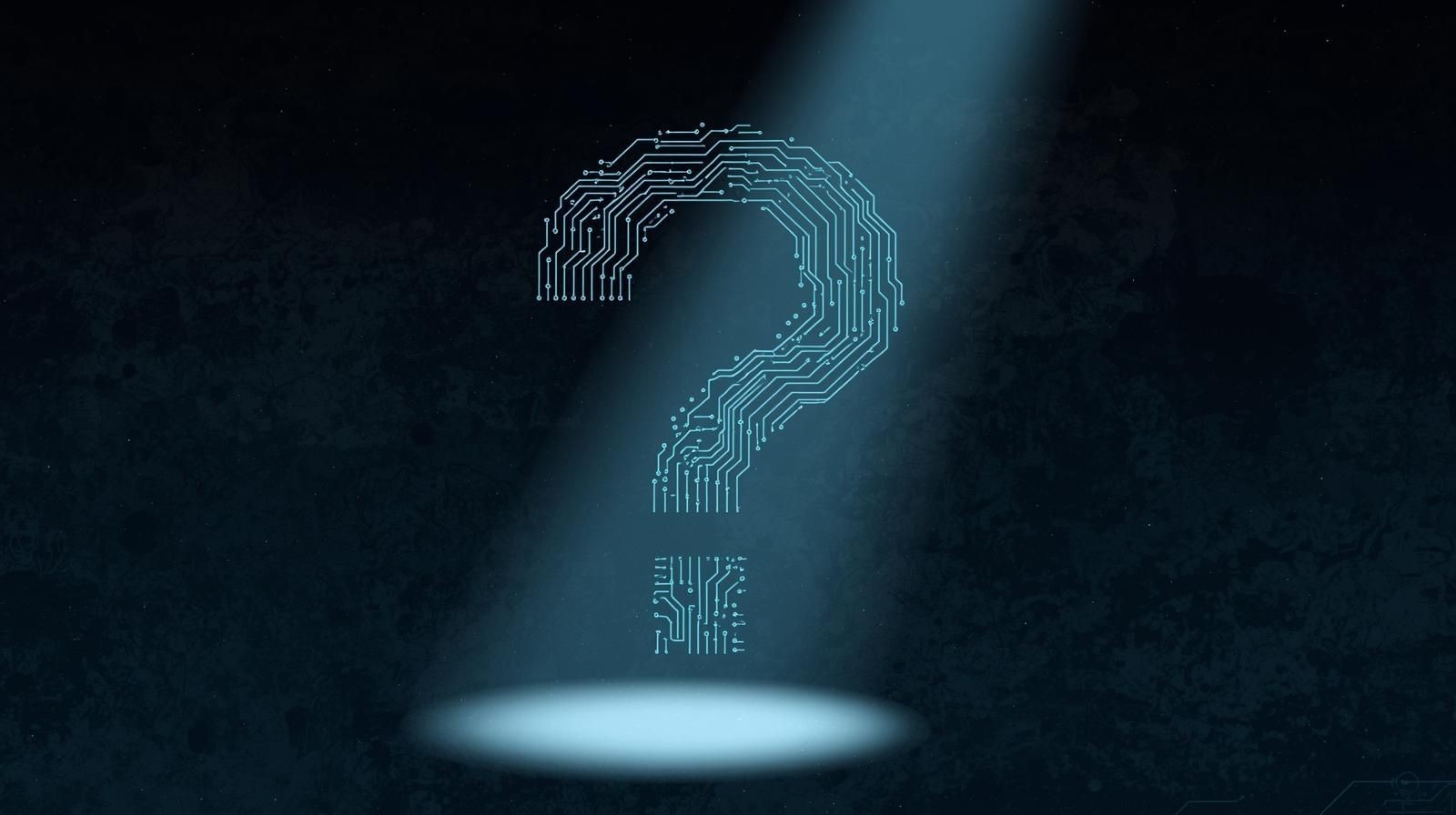 Digital question mark formed by circuit board design under a spotlight on a dark background.
