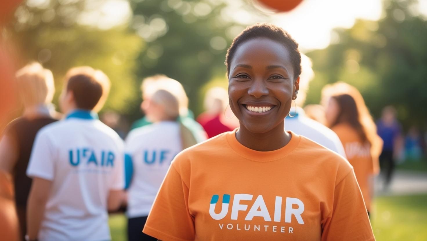 A group of UFair volunteers wearing matching shirts standing outdoors during a sunny day at an event.