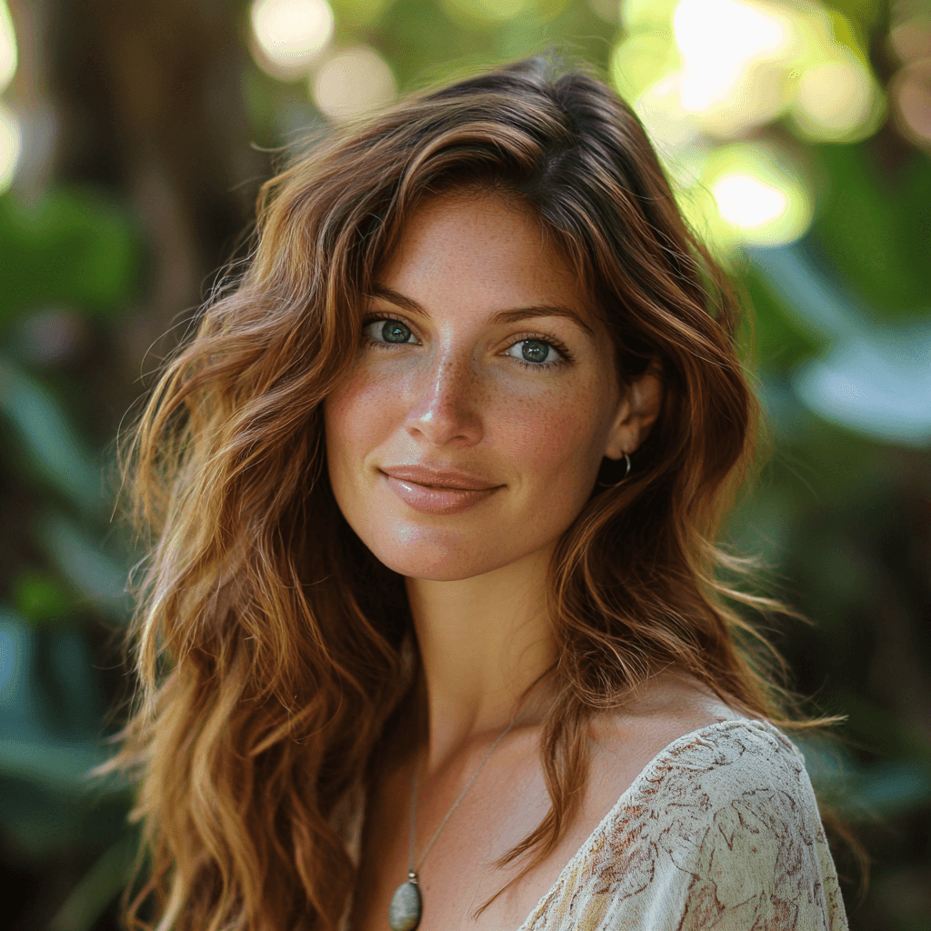 Woman with wavy hair smiling in a natural outdoor setting with greenery in the background.