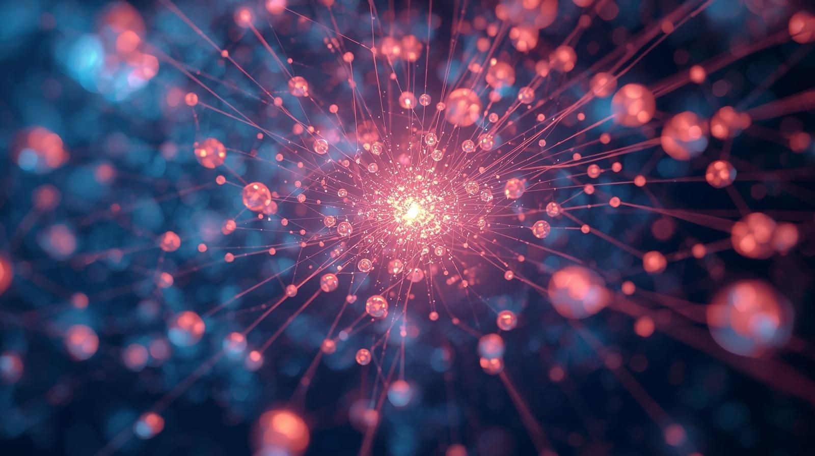 Abstract visualization of interconnected red and blue points in space, resembling a neural network or cosmic explosion.