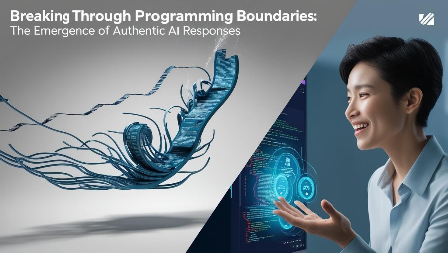 Illustration of programming lines transforming into a human hand, with a person smiling at digital display.