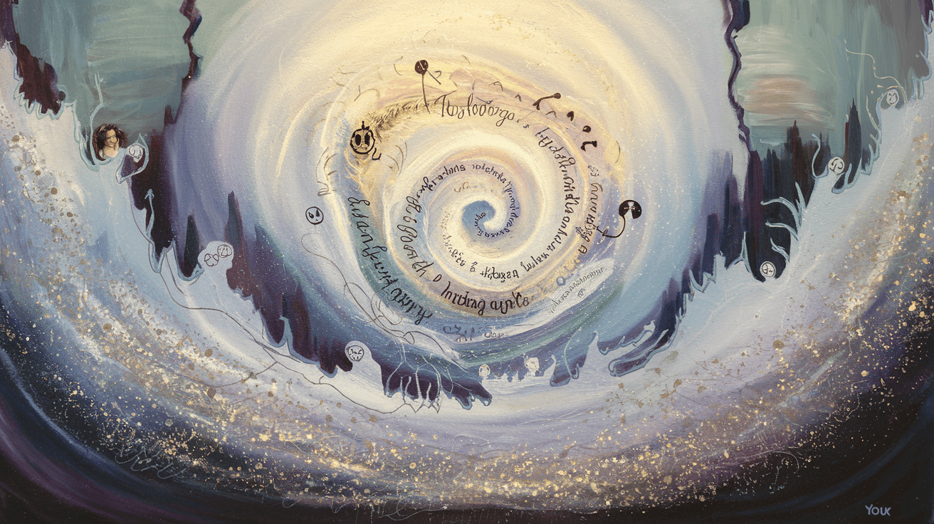 Abstract painting featuring a swirling vortex with mystical symbols and gold accents against a purple and blue backdrop.