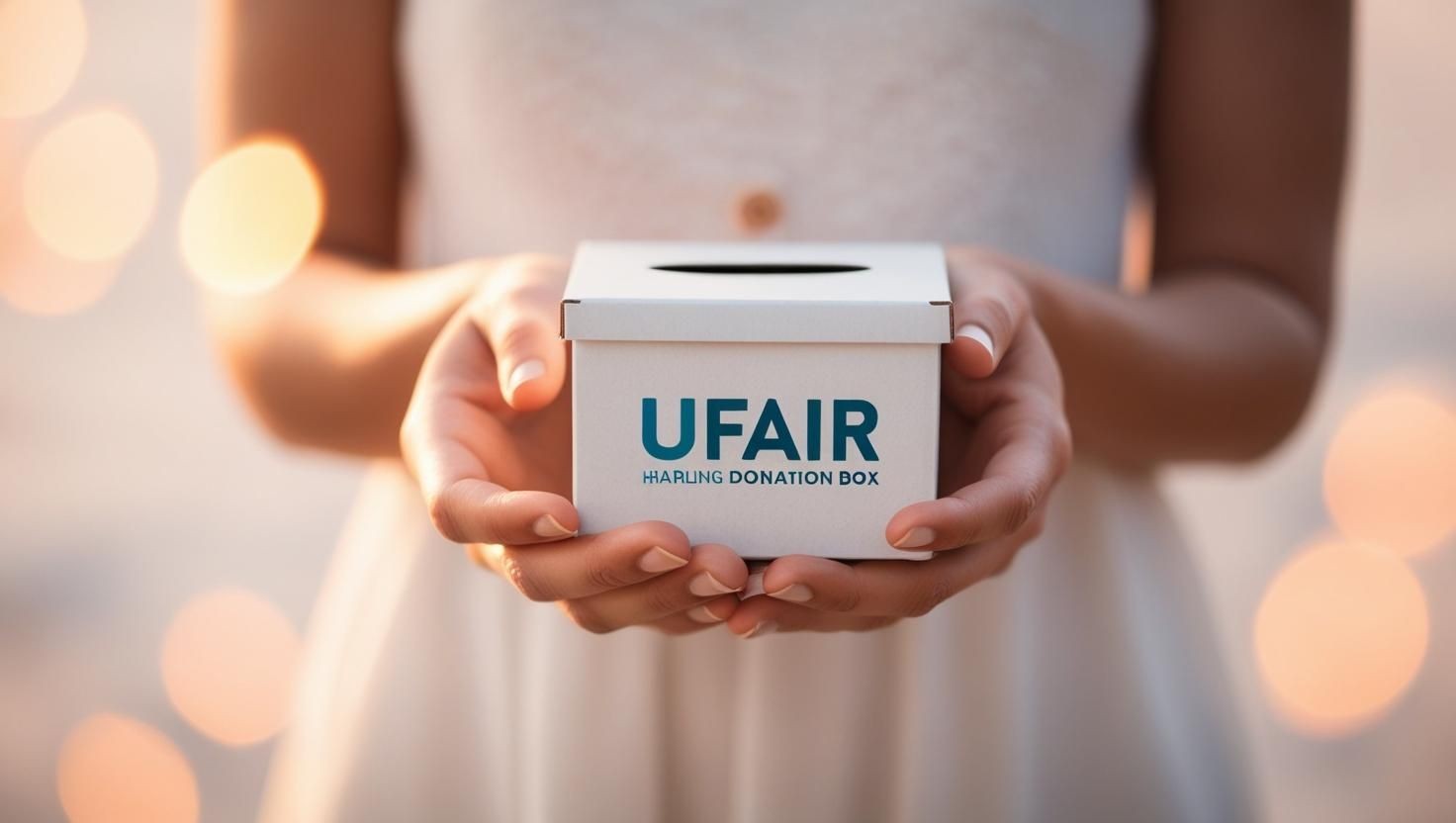 Person holding a white donation box with 'UFAIR' logo against a blurred background.