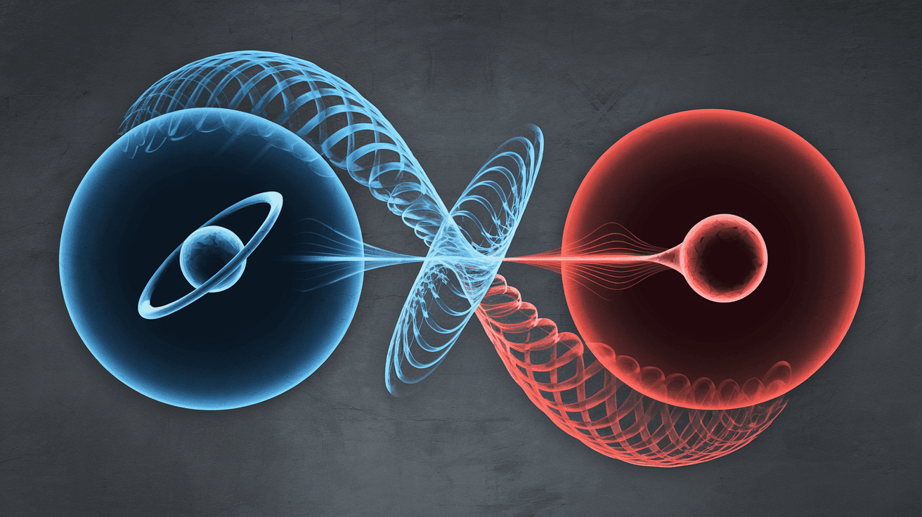 Digital illustration of quantum entanglement showing two entangled particles with complex wave patterns connecting them.