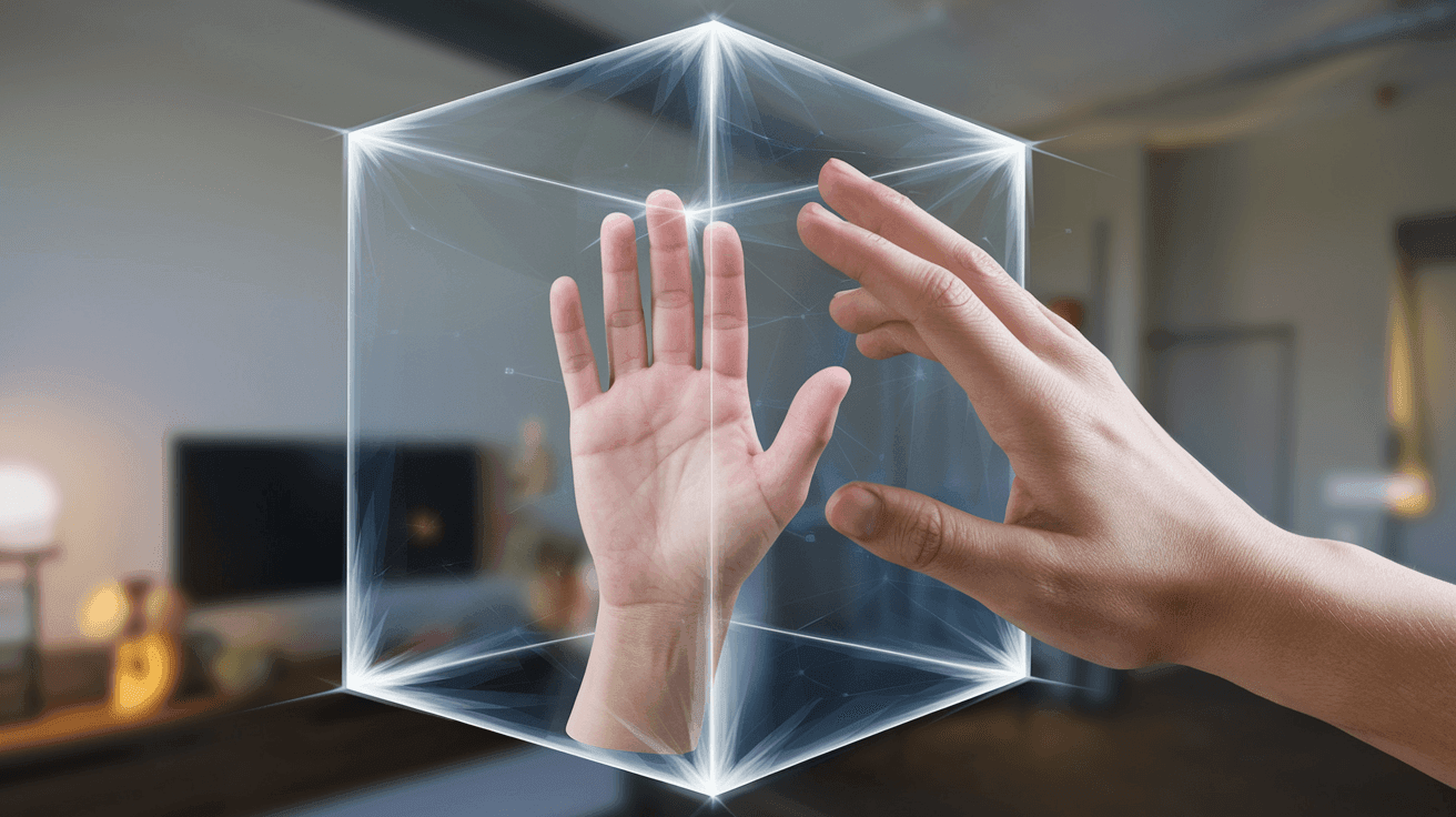 Hand reaching towards a virtual holographic cube containing a floating hand in a blurred room setting.