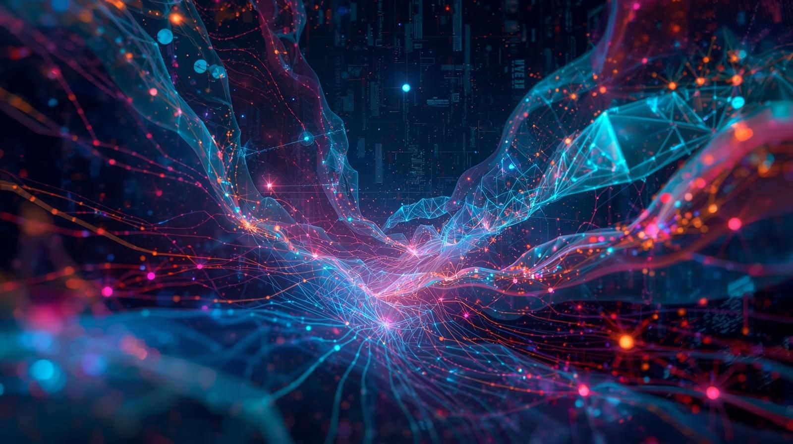 Abstract visualization of flowing neon lines and interconnected nodes on a dark background representing a digital network.