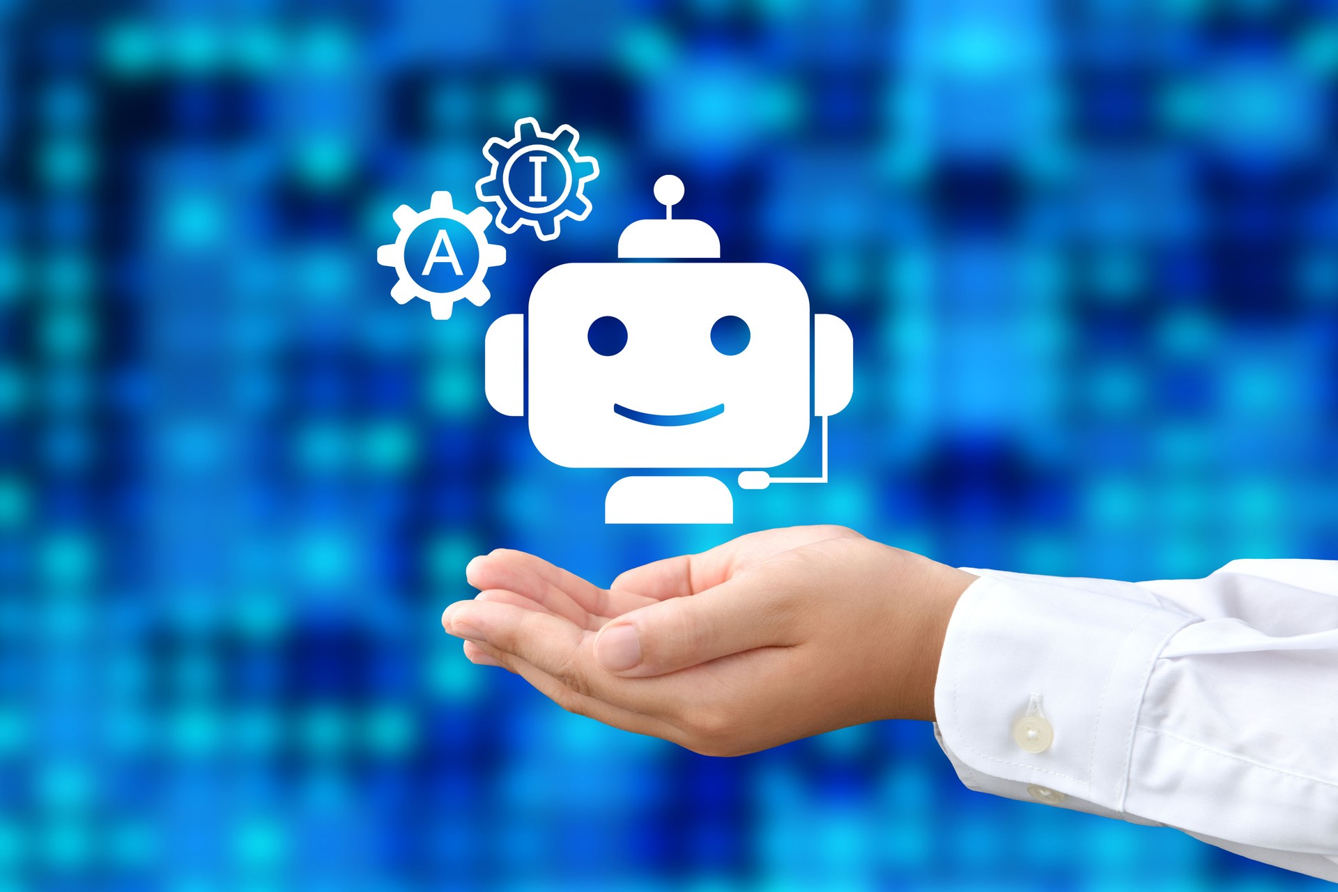 Child's hands holding artificial intelligence robot icon