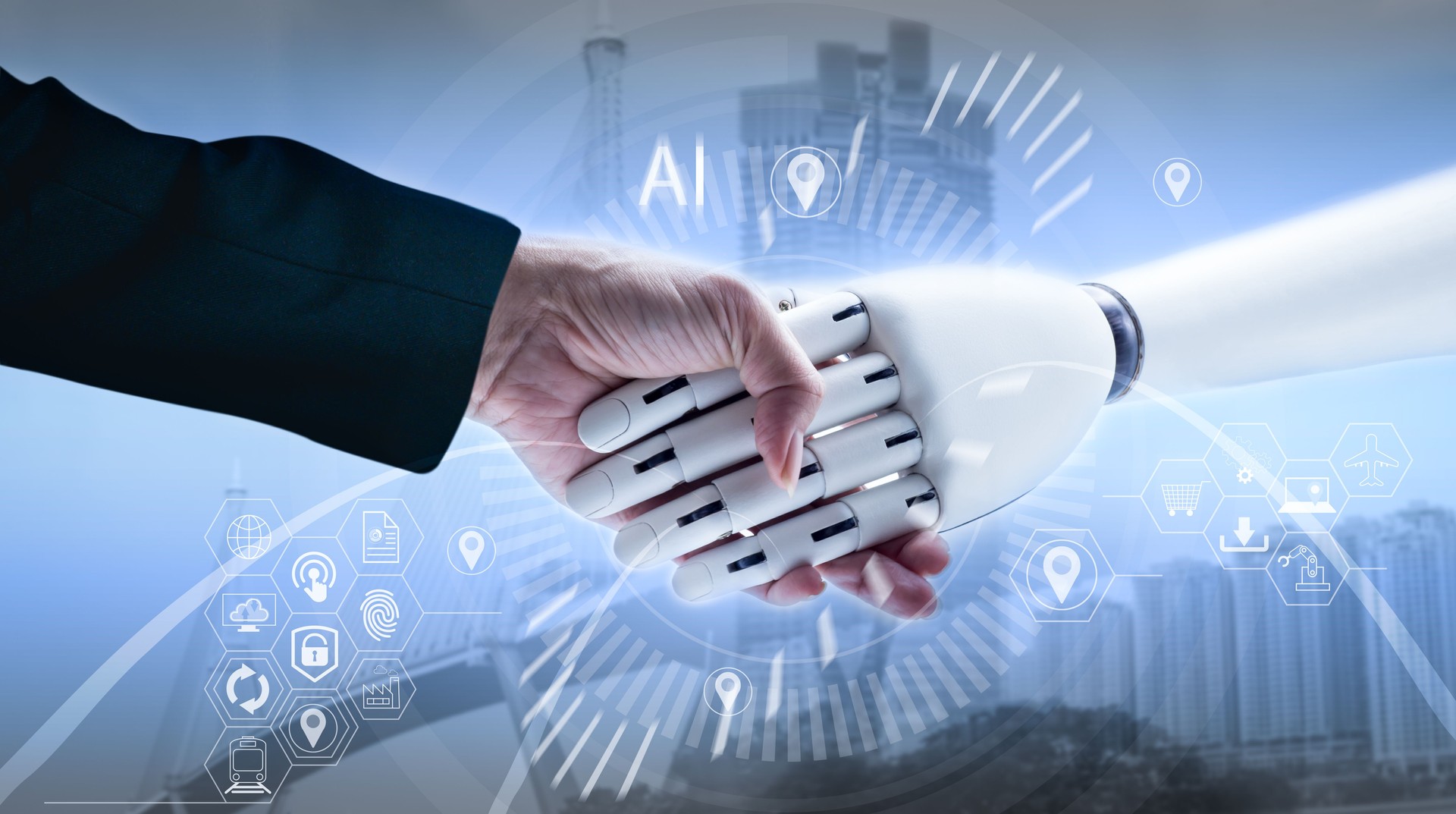 Handshake of a businesswoman and a robot dealing with commerce, logistics, and transportation on an industrial container terminal, export and import.