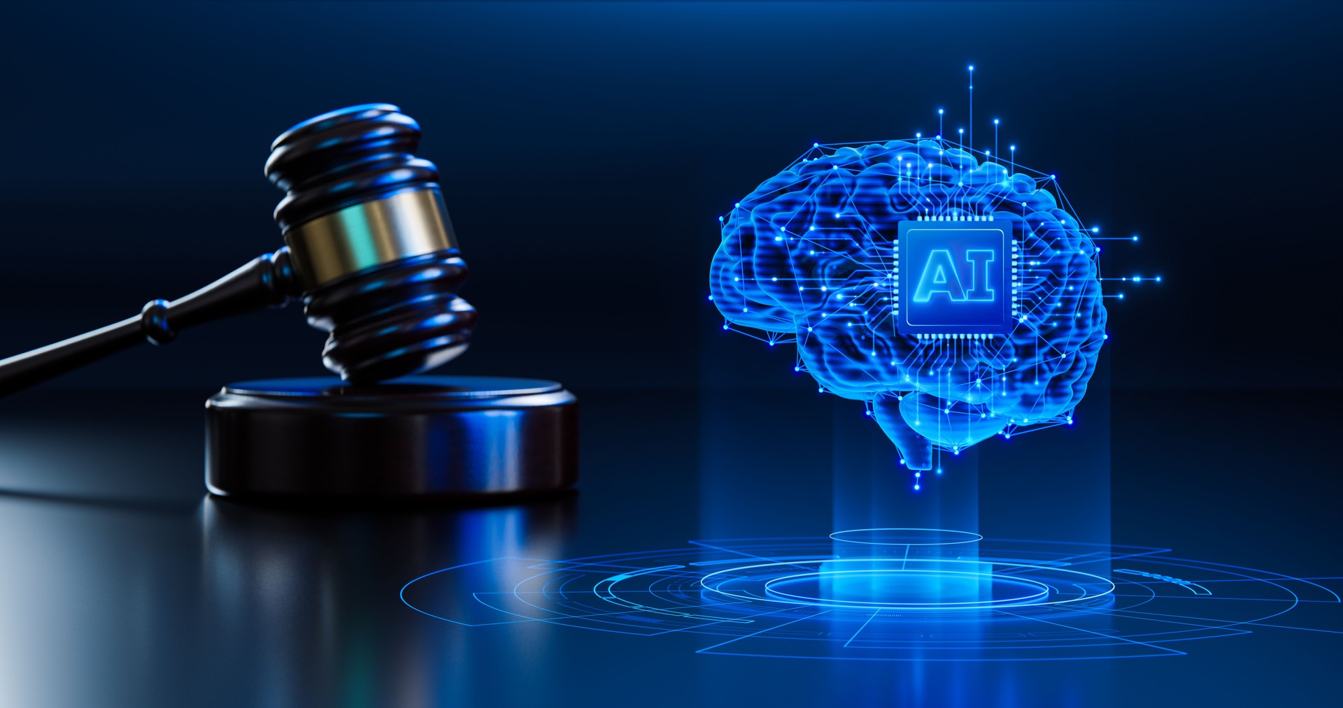 Artificial Intelligence AI and Legal Systems: Judge's Gavel Hammer as a Symbol of Law and Order with Processor CPU AI Chip