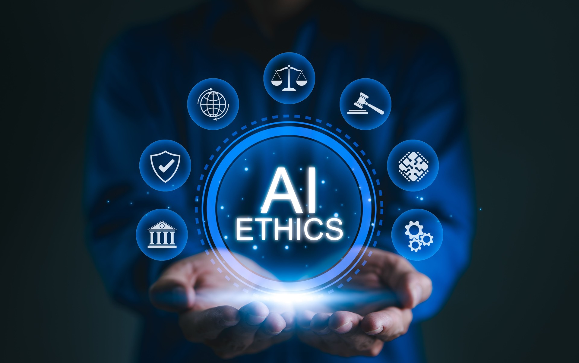 AI ethics and law in artificial intelligence governance. Icons related to AI ethics, symbols of legal scales, security, and global responsibility. ethical standards and regulations in AI technology.