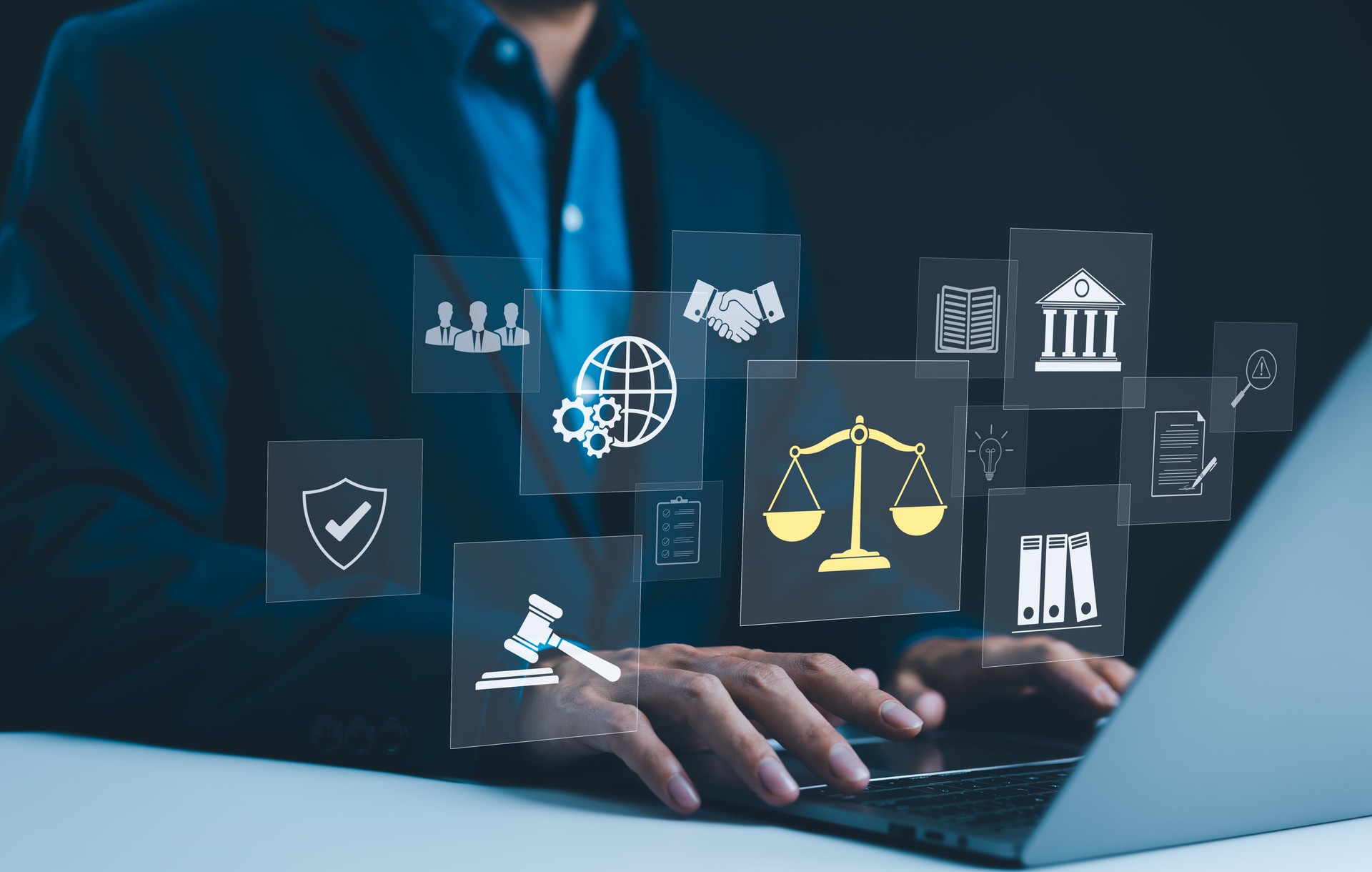 Legal Professional with Justice Icons. Legal professional using laptop with virtual icons symbolizing law, justice, and legal services. business legislation, Notary public, legal advice online, Lawyer